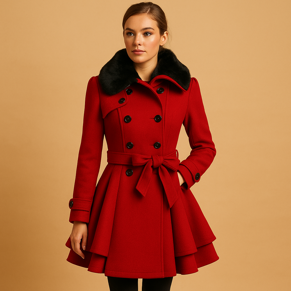 Olivia | Elegant Faux Fur Collar Belted Skater Coat