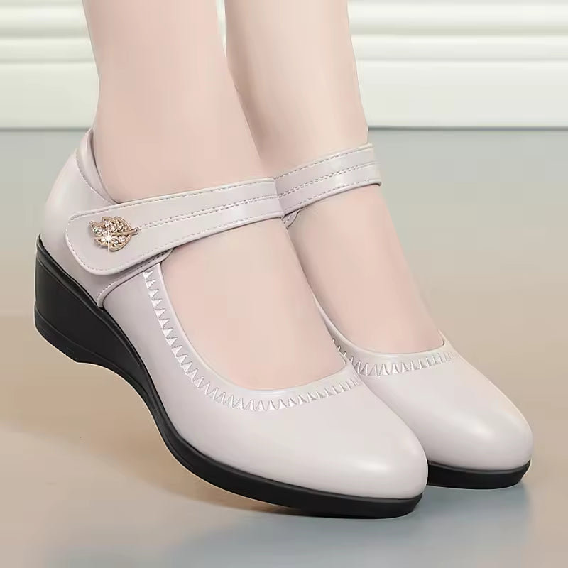 Olivia | Polished Round Toe Mary Jane Wedge Shoes