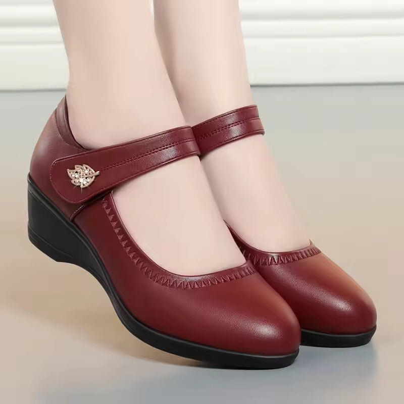 Olivia | Polished Round Toe Mary Jane Wedge Shoes