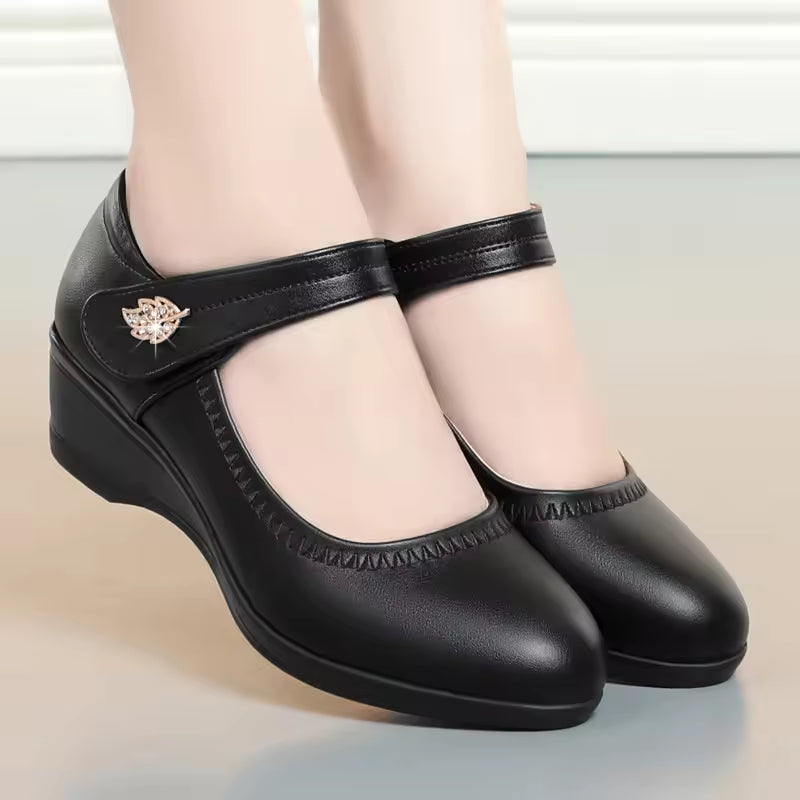 Olivia | Polished Round Toe Mary Jane Wedge Shoes