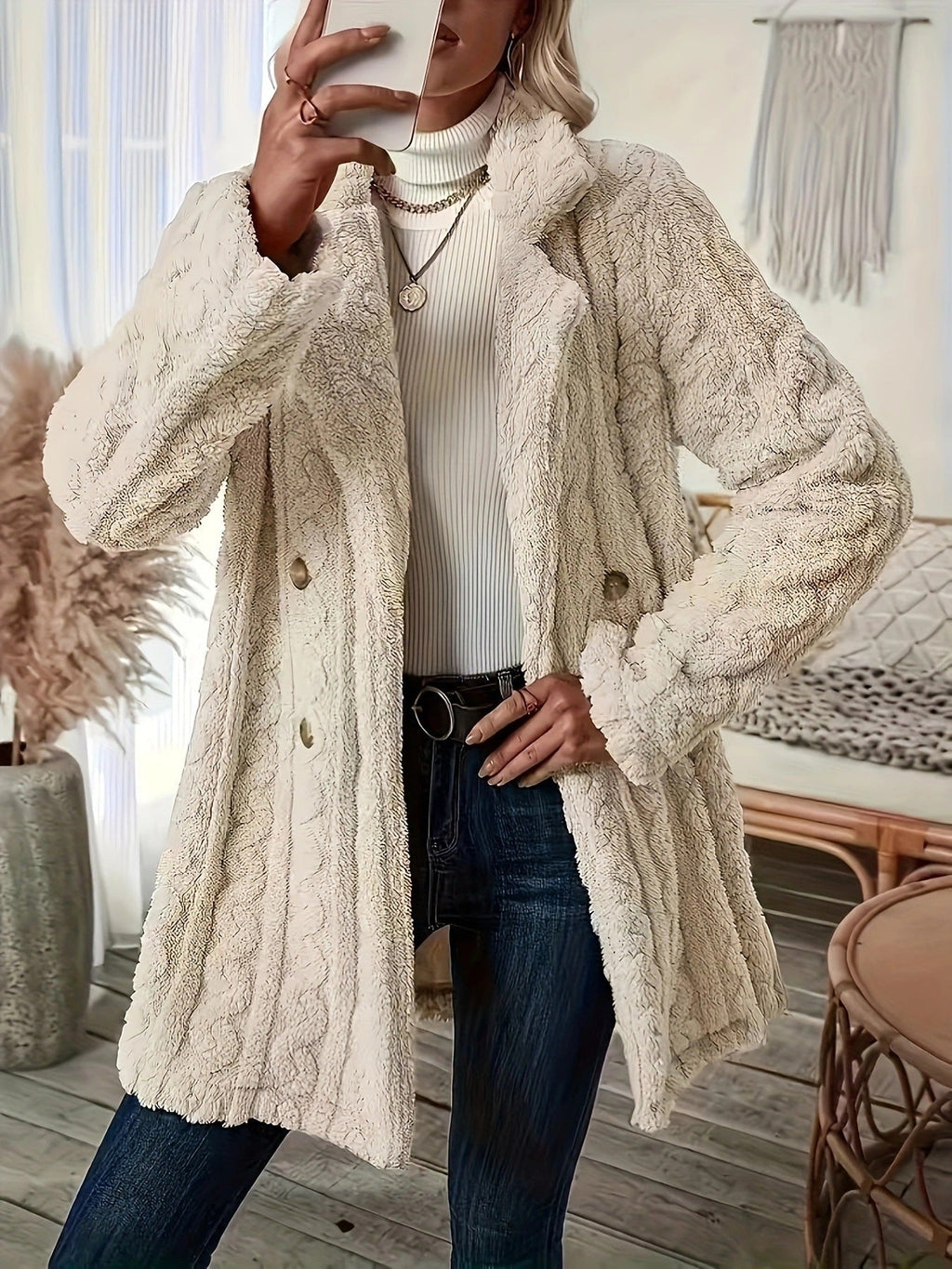 Ophelia | Chic Textured Double-Breasted Faux Fur Coat