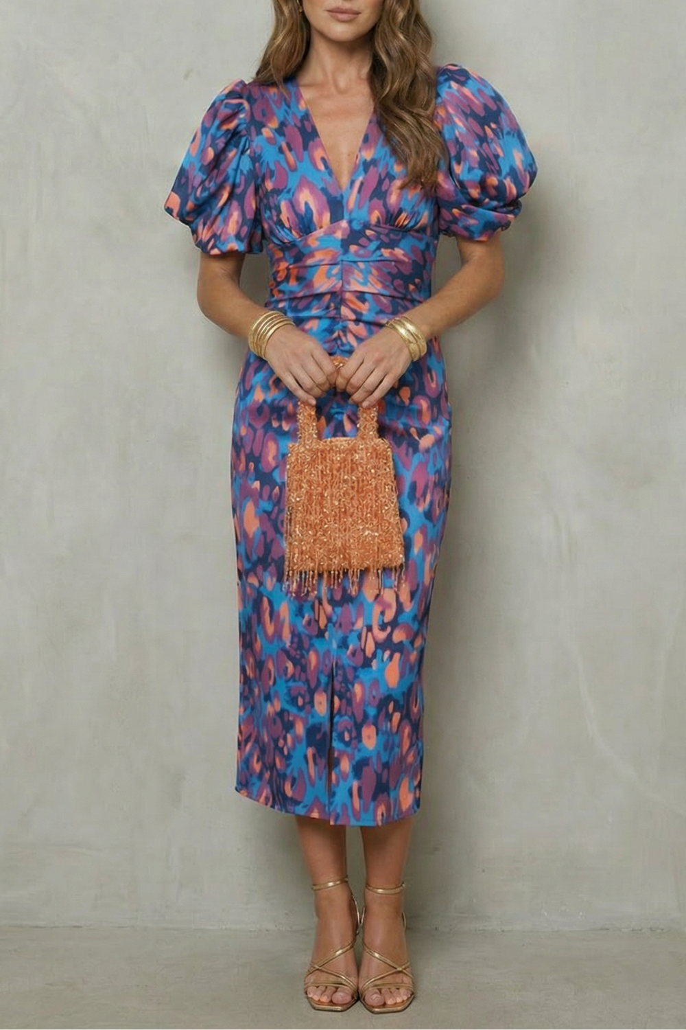 Orla | Polished Puff Sleeve Abstract Print Midi Christmas Dress