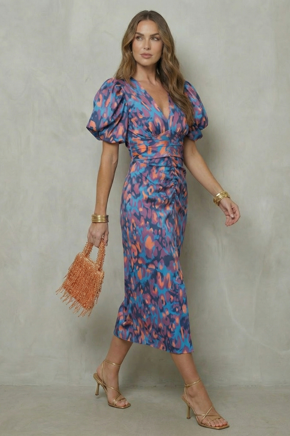 Orla | Polished Puff Sleeve Abstract Print Midi Christmas Dress