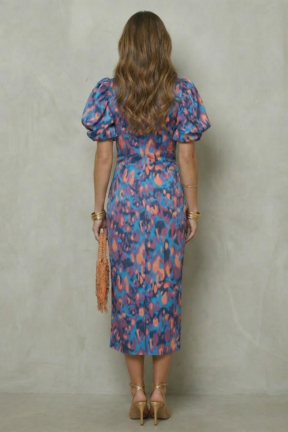 Orla | Polished Puff Sleeve Abstract Print Midi Christmas Dress