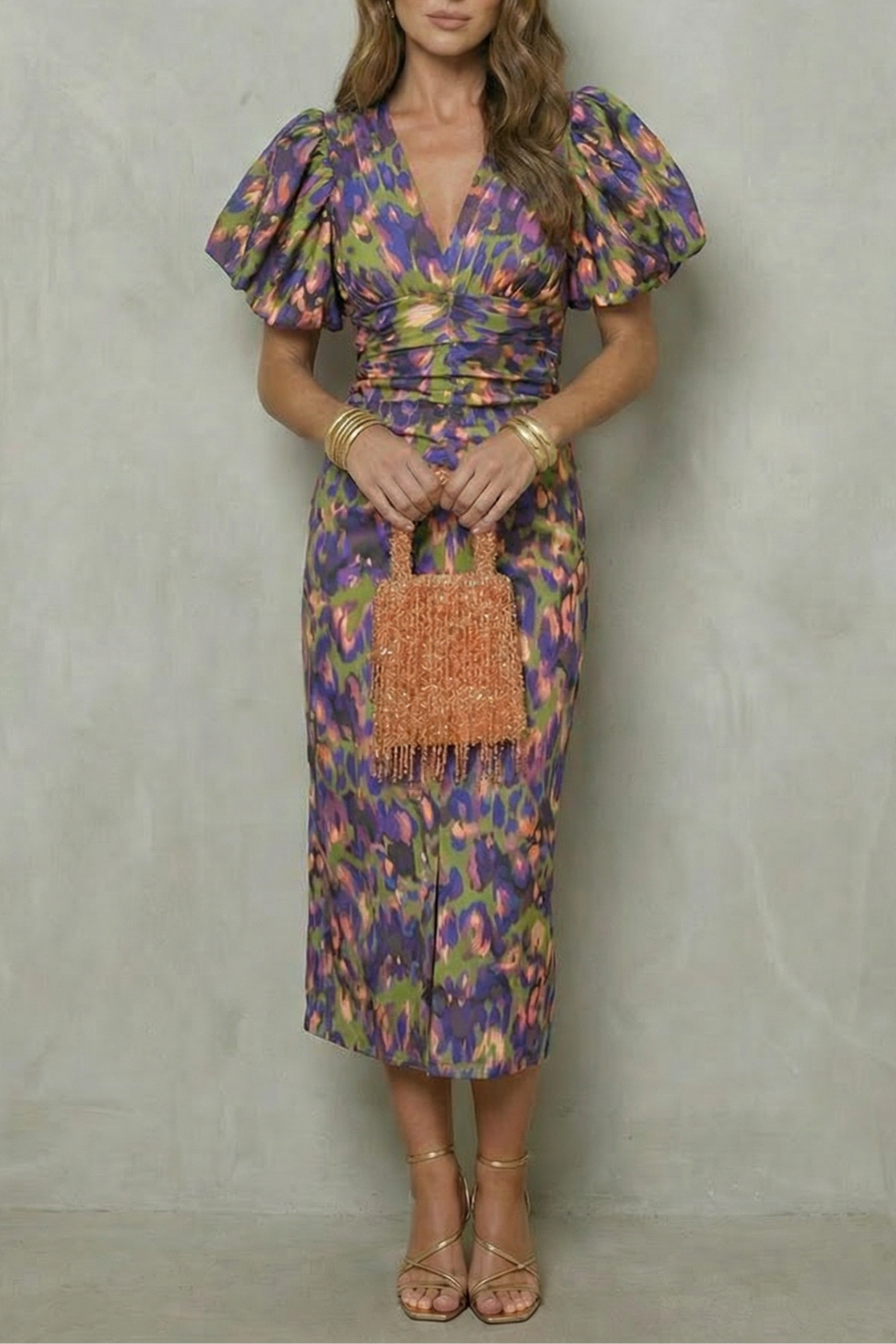 Orla | Polished Puff Sleeve Abstract Print Midi Christmas Dress