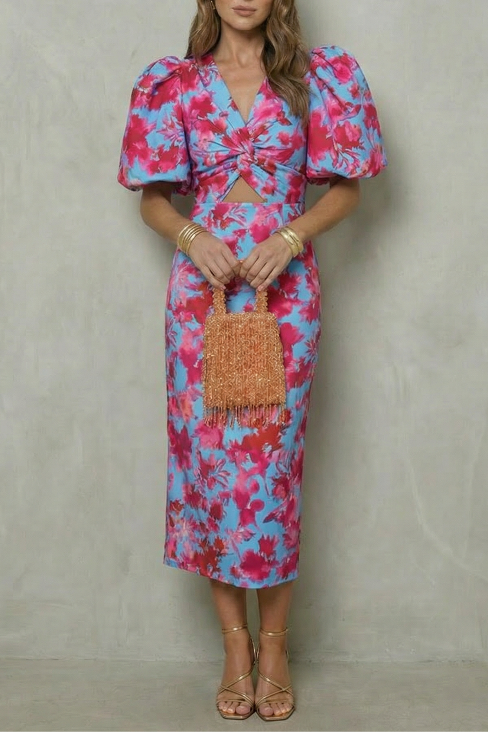 Orla | Polished Puff Sleeve Abstract Print Midi Christmas Dress