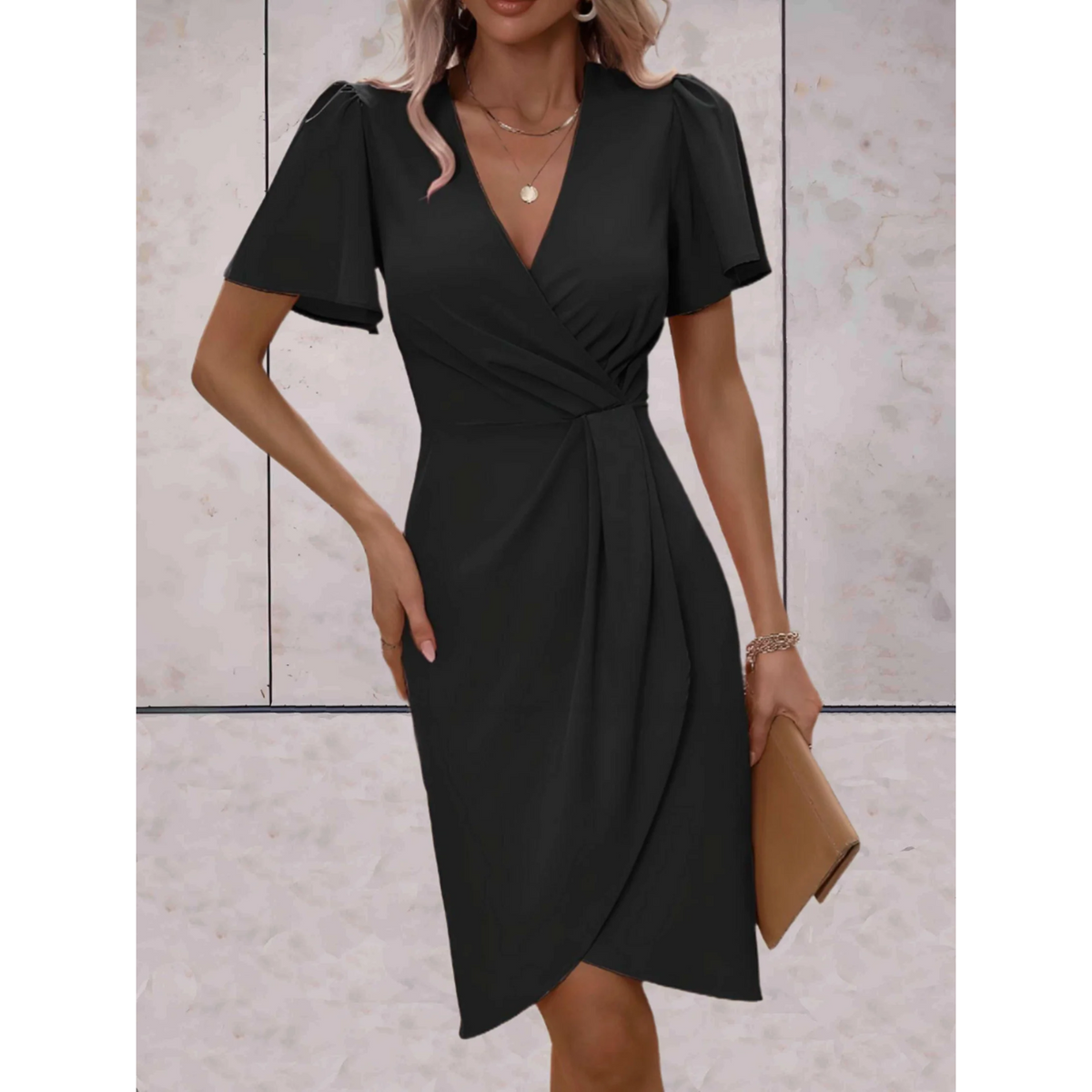 Orla | Polished Wrap V-Neck Christmas Dress with Flutter Sleeves