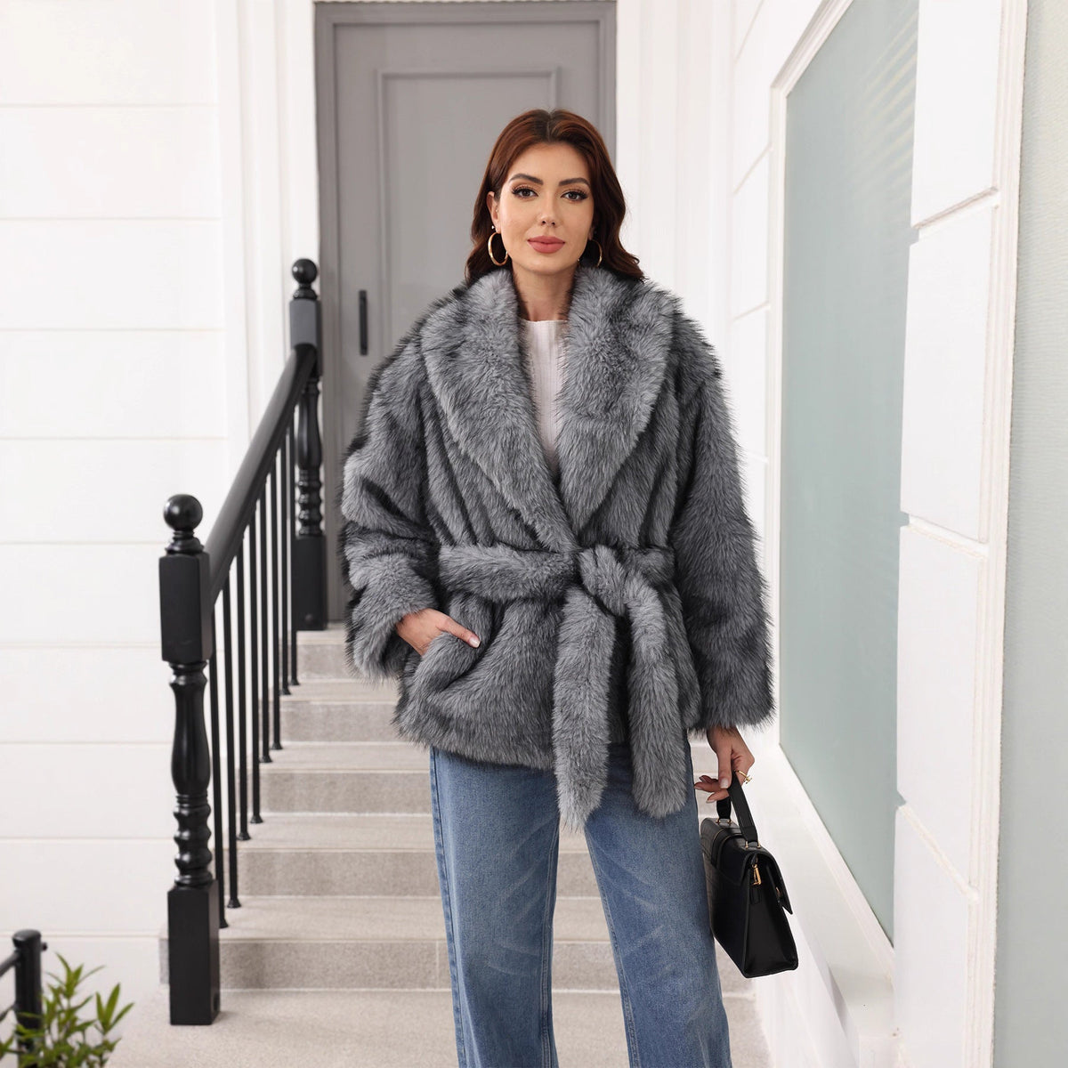 Orla | Sophisticated Shawl Collar Faux Fur Coat with Tie Belt