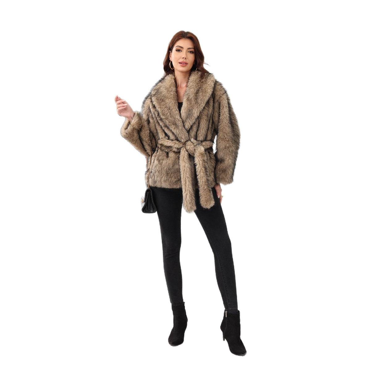 Orla | Sophisticated Shawl Collar Faux Fur Coat with Tie Belt