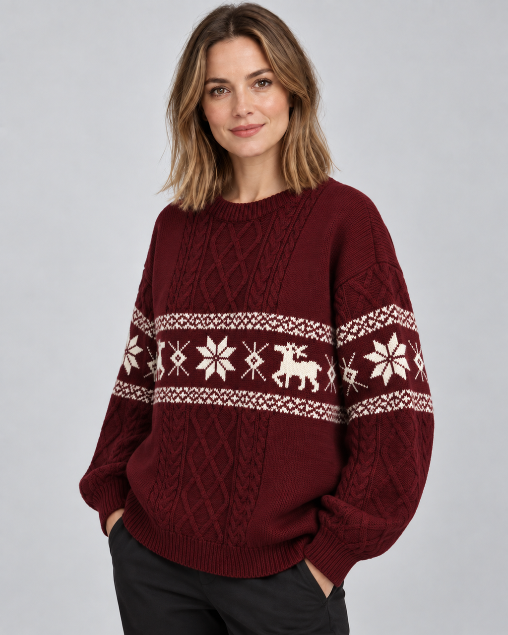 Ottilie | Stylish Cable Knit Reindeer Christmas Jumper for Women