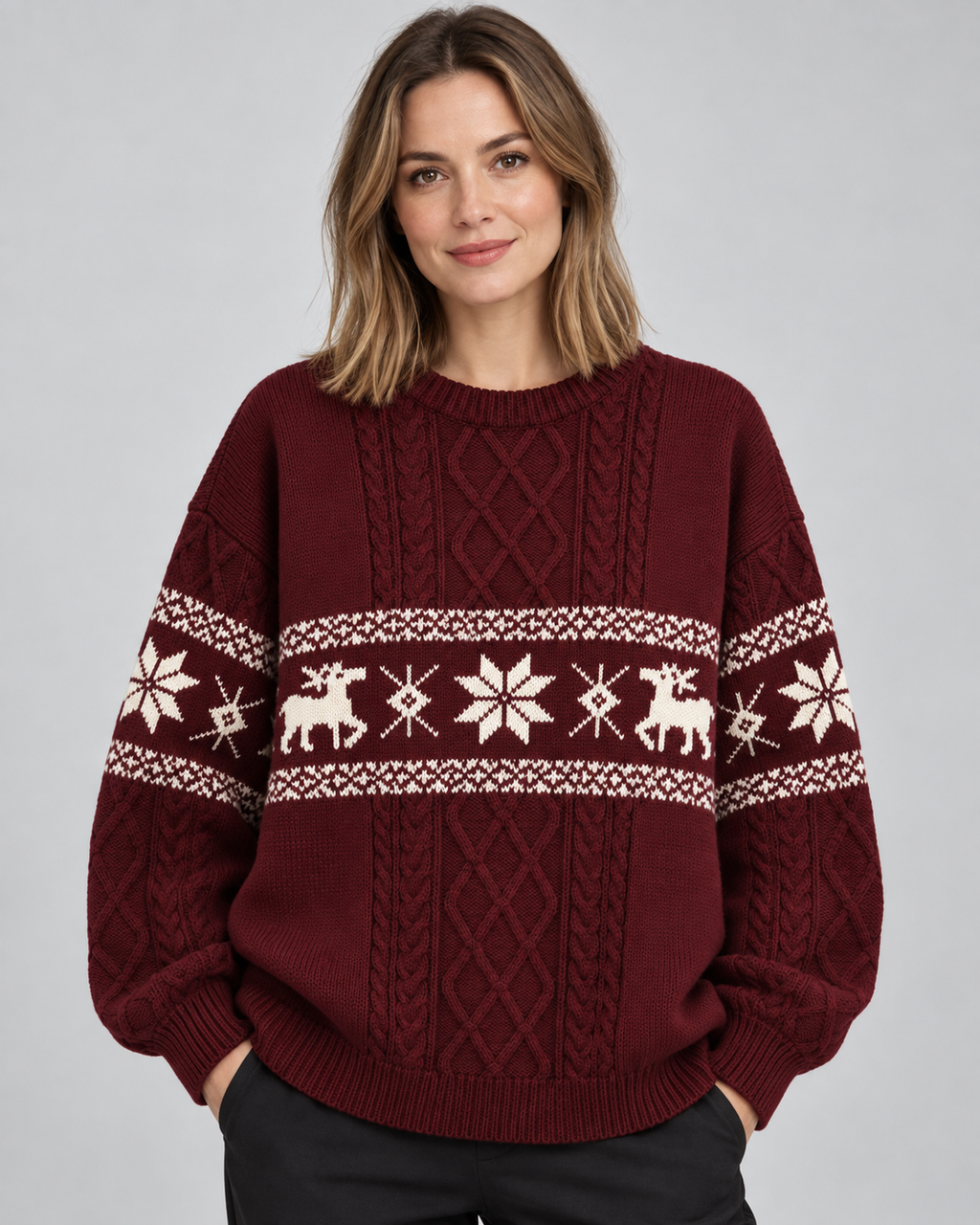 Ottilie | Stylish Cable Knit Reindeer Christmas Jumper for Women