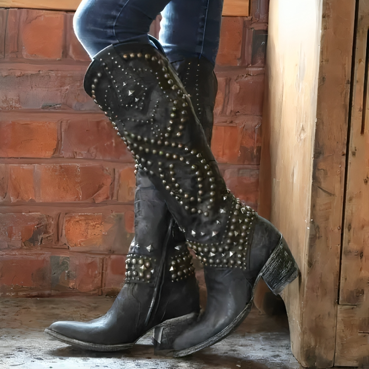 Ottilie | Stylish Studded Western Knee High Boots