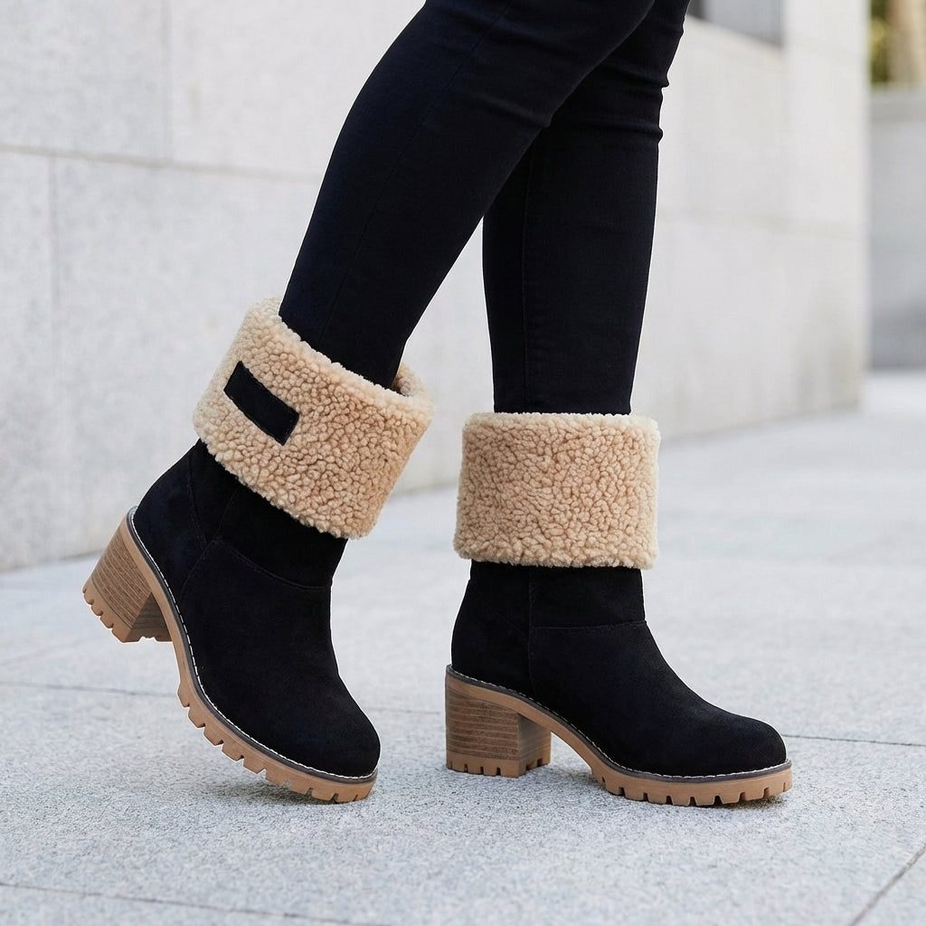 Penelope | Timeless Fleece Cuff Snow Boots with Block Heel
