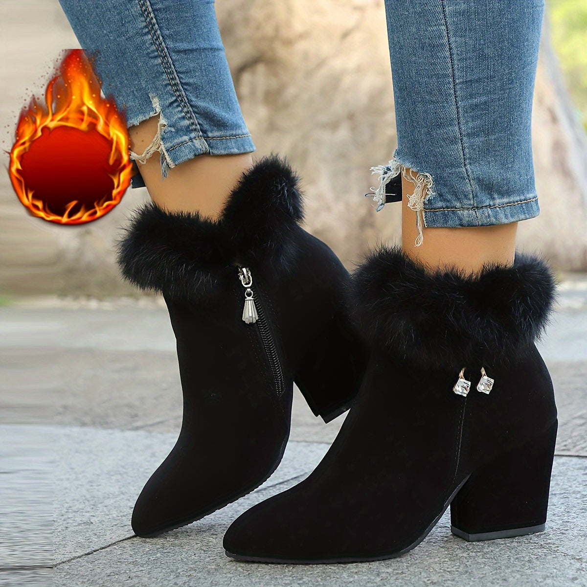 Phoebe | Timeless Plush-Trim Block Heel Womens Boots