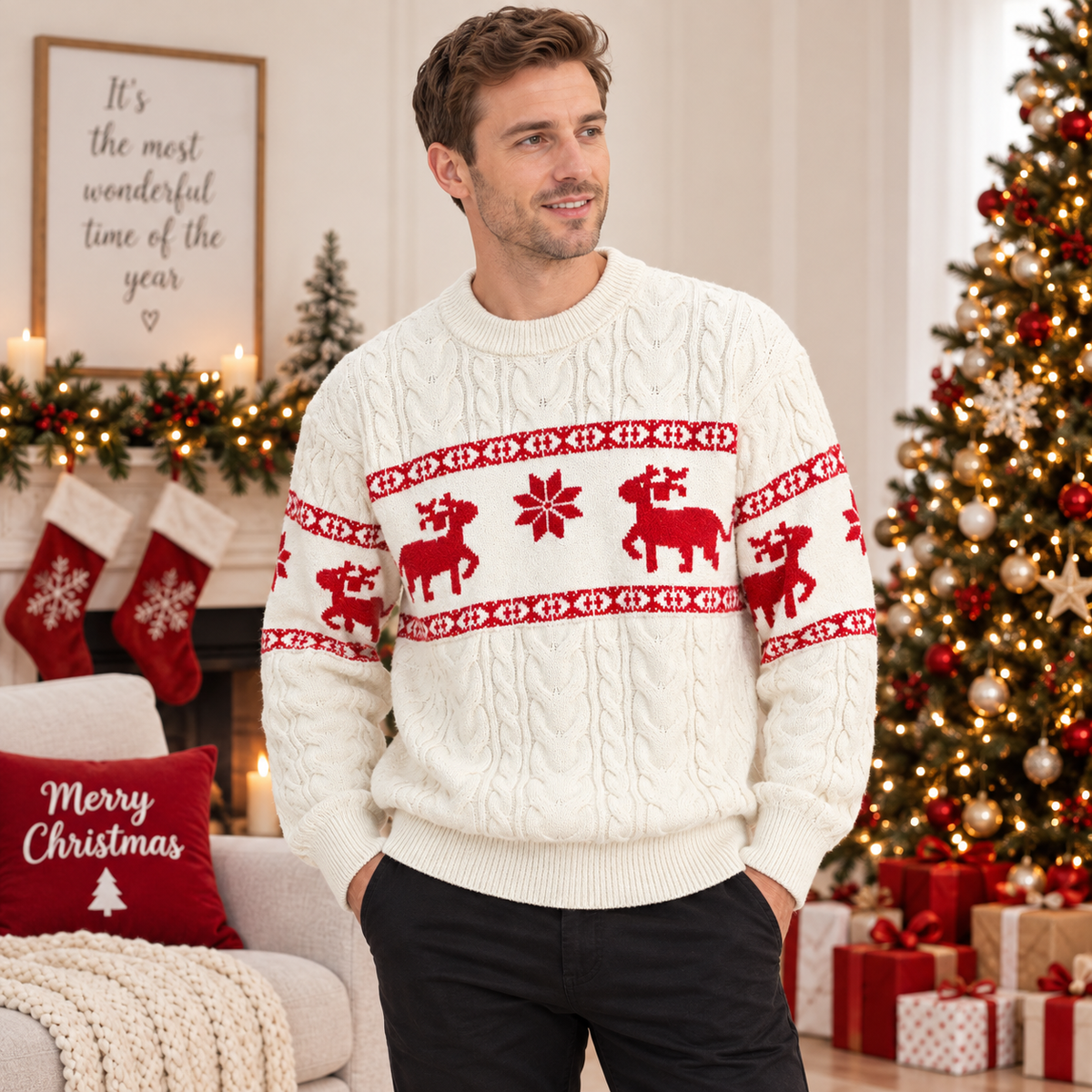 Reggie | Timeless Reindeer Cable Knit Mens Christmas Jumper