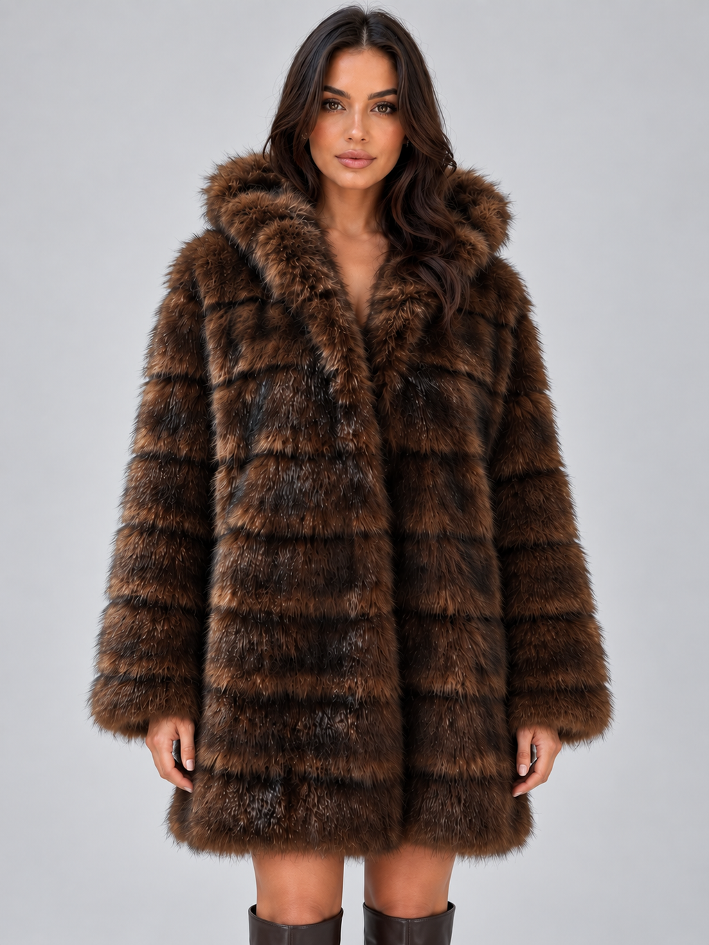 Rose | Cosy Hooded Faux Fur Coat with Plush Panelled Texture