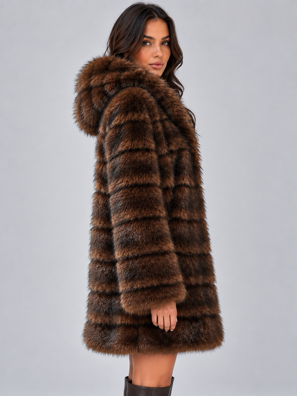 Rose | Cosy Hooded Faux Fur Coat with Plush Panelled Texture