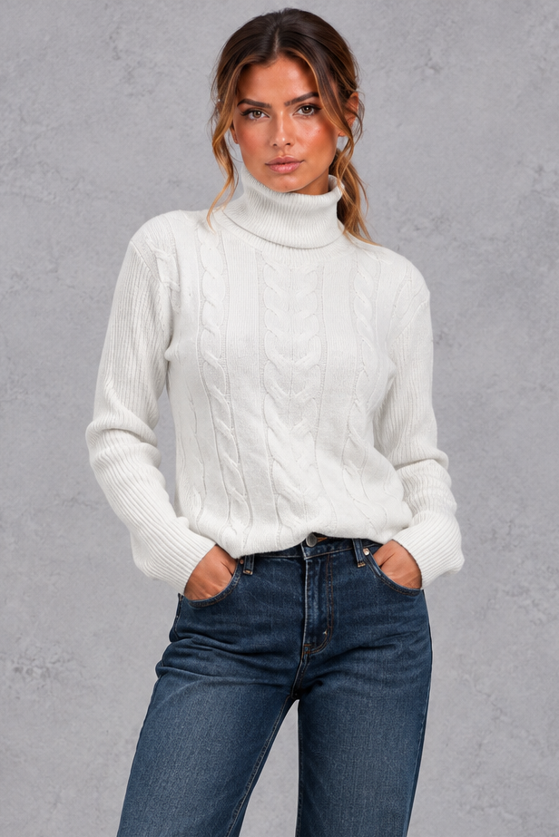 Rosie | Relaxed Cable Knit Roll Neck Womens Knit Jumper