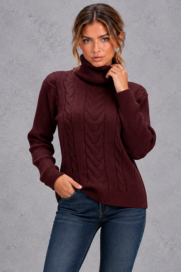 Rosie | Relaxed Cable Knit Roll Neck Womens Knit Jumper