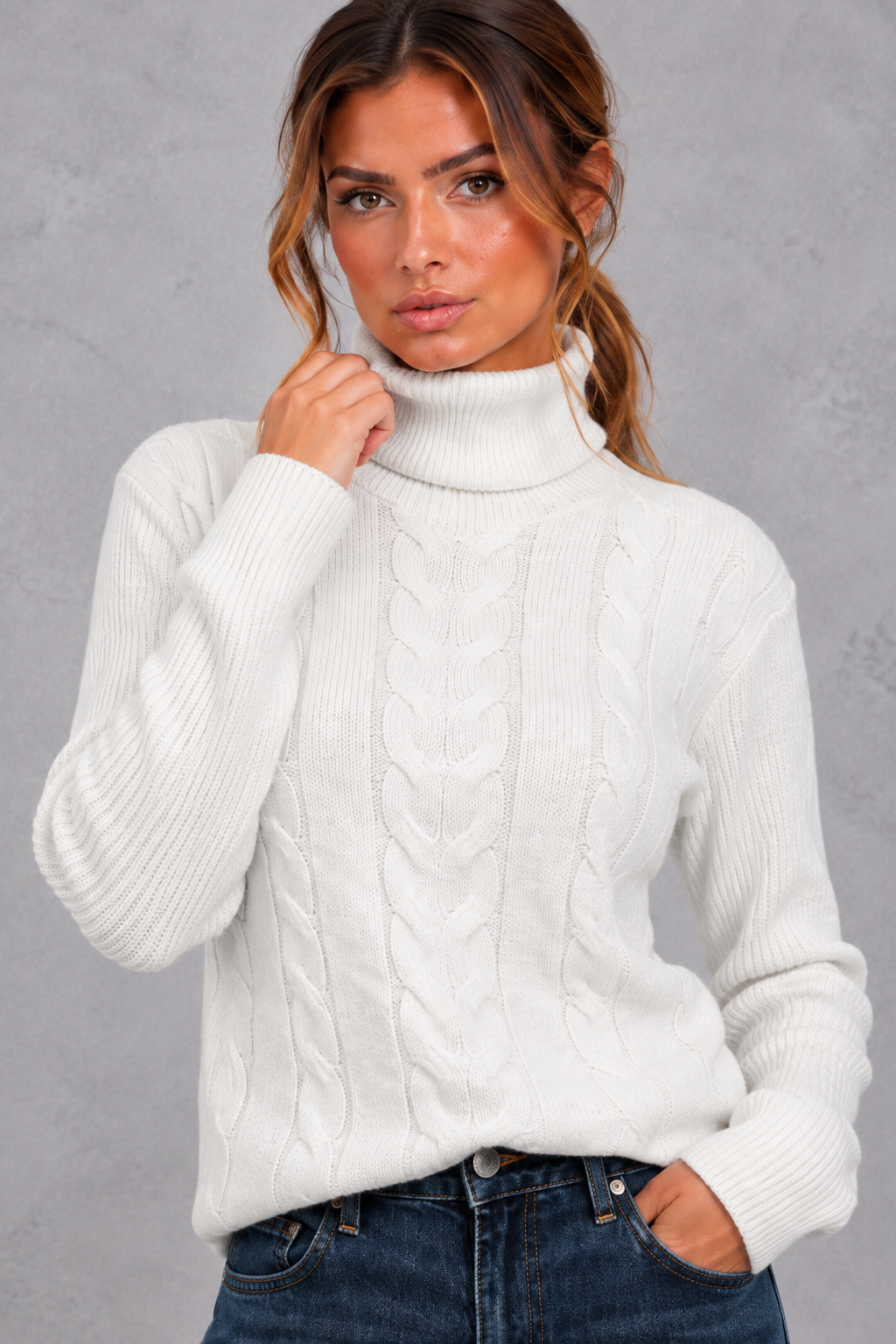 Rosie | Relaxed Cable Knit Roll Neck Womens Knit Jumper