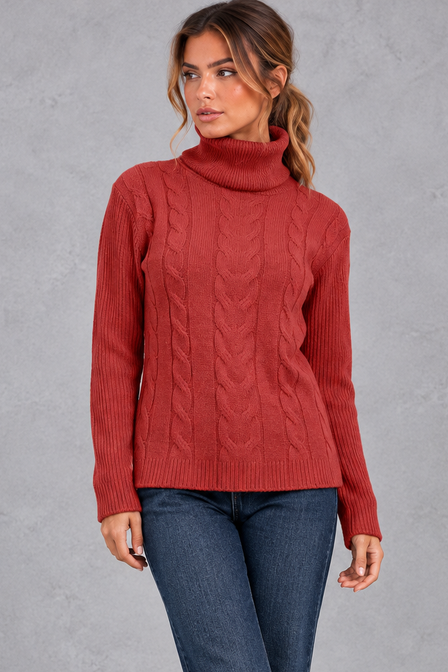 Rosie | Relaxed Cable Knit Roll Neck Womens Knit Jumper