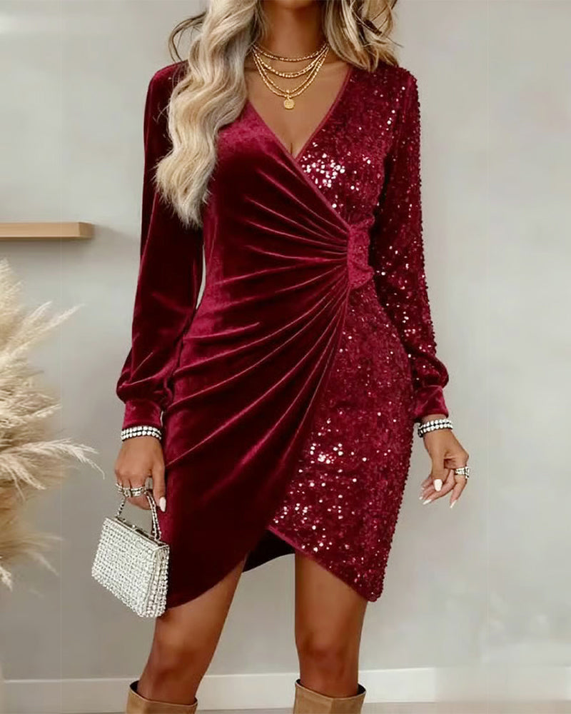Ruby | Elegant Sequin Wrap Christmas Dress with Long Sleeves