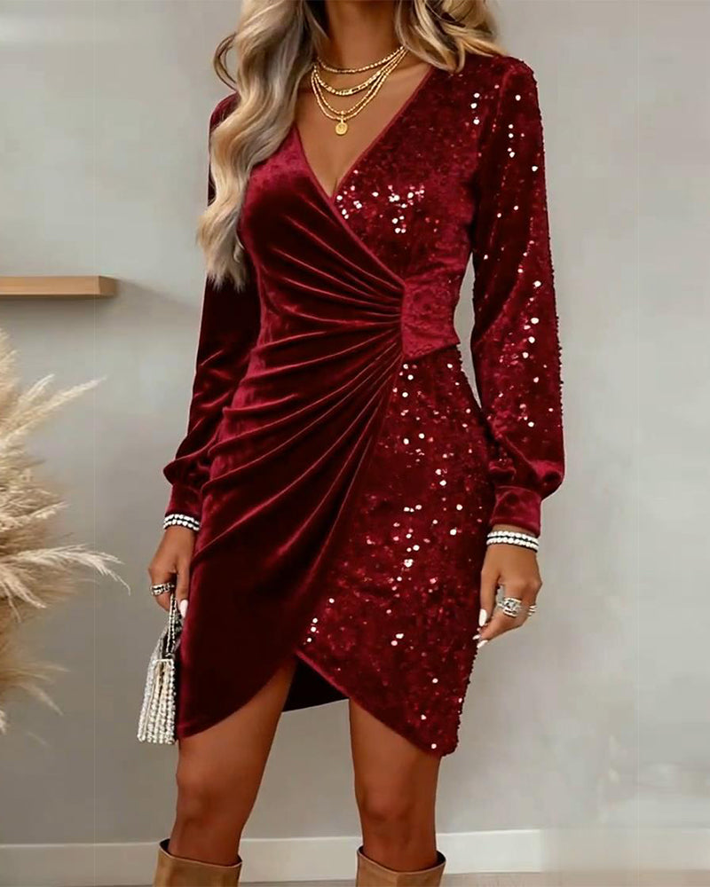 Ruby | Elegant Sequin Wrap Christmas Dress with Long Sleeves
