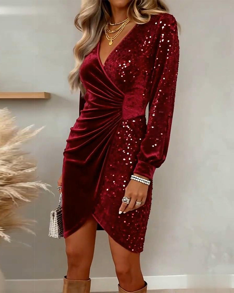 Ruby | Elegant Sequin Wrap Christmas Dress with Long Sleeves