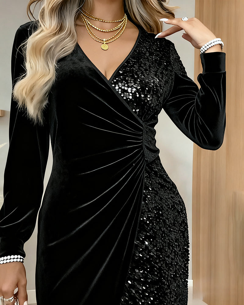 Ruby | Elegant Sequin Wrap Christmas Dress with Long Sleeves