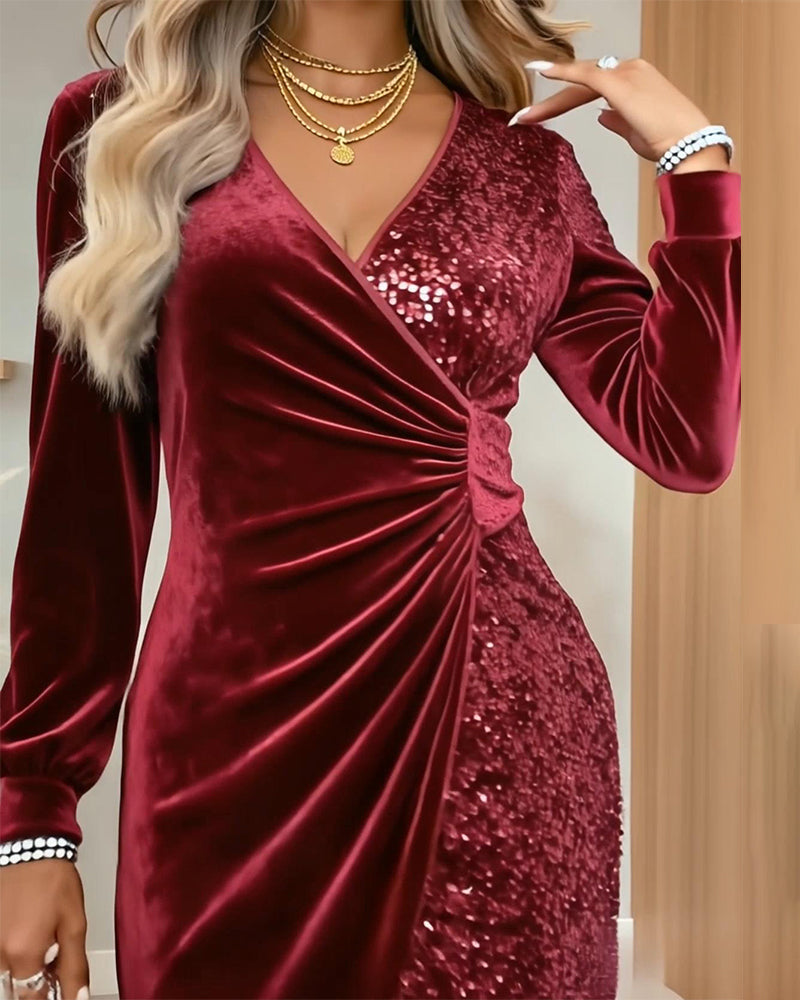 Ruby | Elegant Sequin Wrap Christmas Dress with Long Sleeves