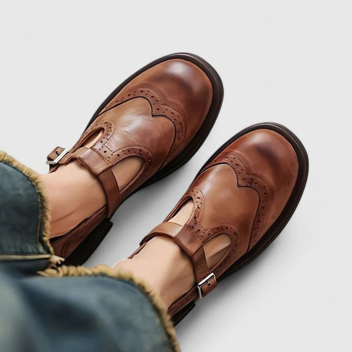 Sara | Classic Brogue Mary Jane Shoes with T-Strap Buckle