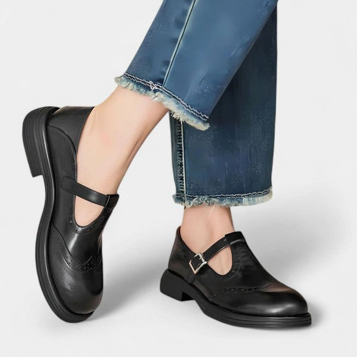 Sara | Classic Brogue Mary Jane Shoes with T-Strap Buckle