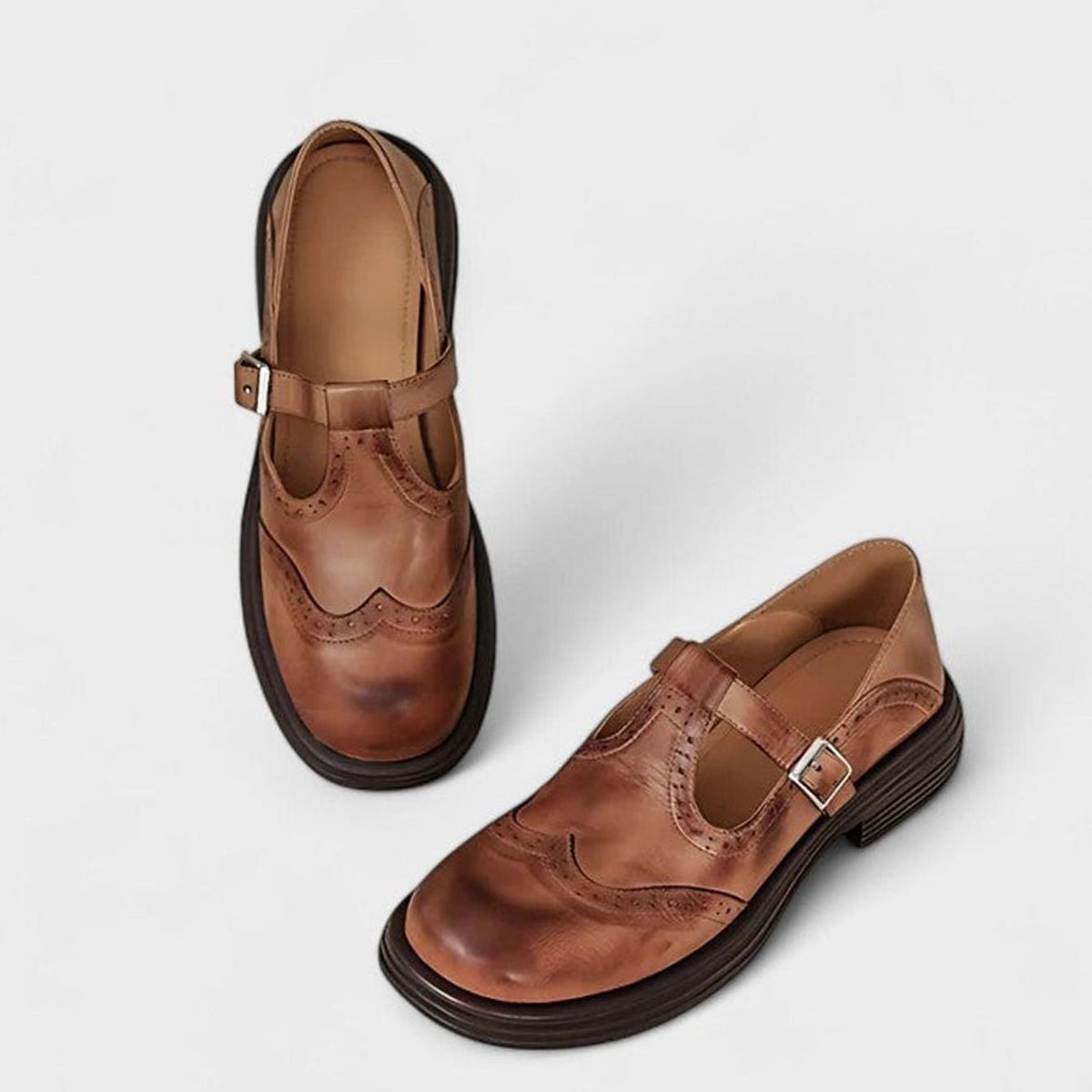 Sara | Classic Brogue Mary Jane Shoes with T-Strap Buckle