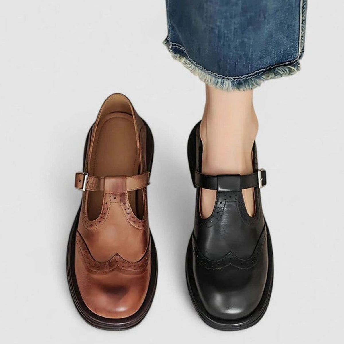 Sara | Classic Brogue Mary Jane Shoes with T-Strap Buckle