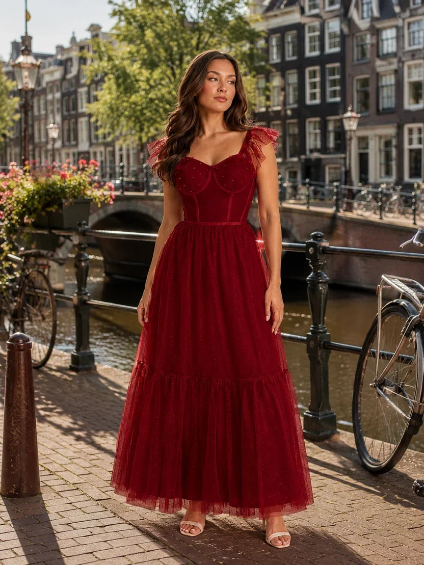 Scarlett | Timeless Corset Christmas Dress with Tulle Ruffle Sleeves