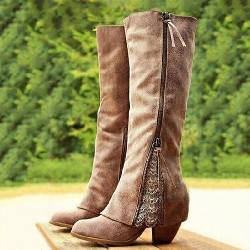 Scarlett | Timeless Knee High Block Heel Boots with Lace Trim