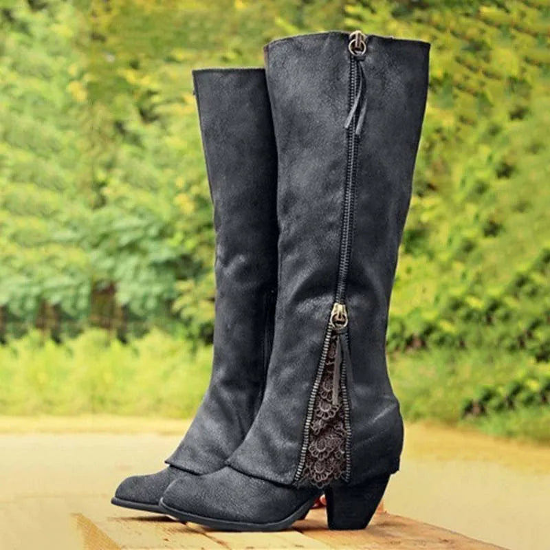 Scarlett | Timeless Knee High Block Heel Boots with Lace Trim