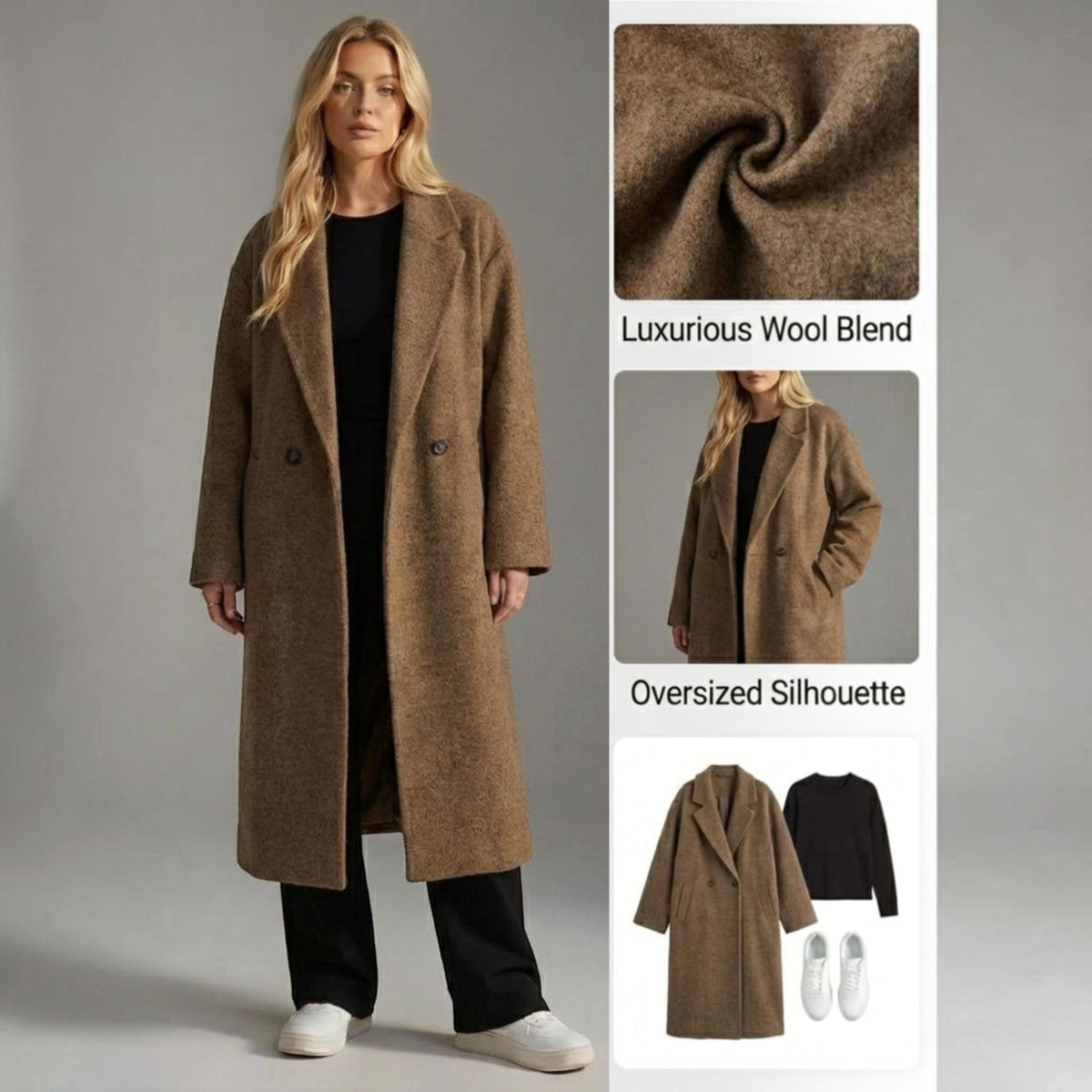 Sienna | Chic Oversized Double-Breasted Longline Wool Coat