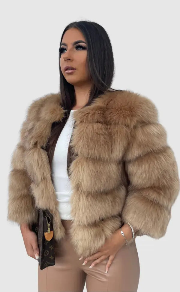 Sofia | Stylish Cropped Faux Fur Coat with Textured Ribbed Panels