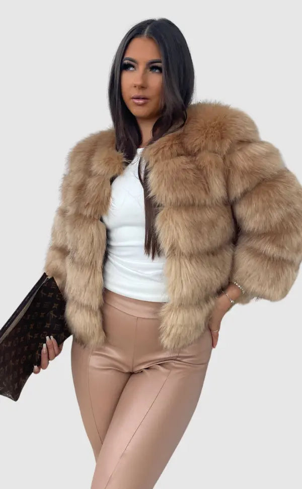 Sofia | Stylish Cropped Faux Fur Coat with Textured Ribbed Panels