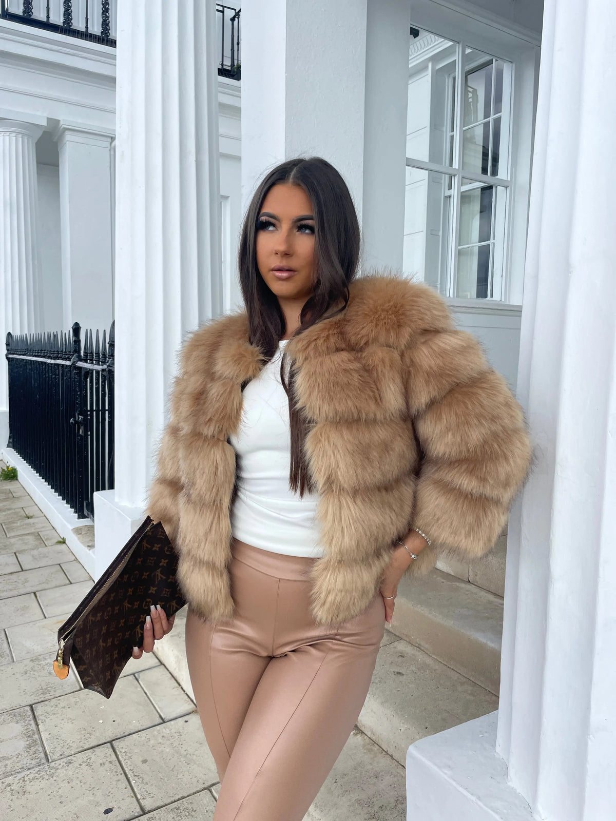 Sofia | Stylish Cropped Faux Fur Coat with Textured Ribbed Panels