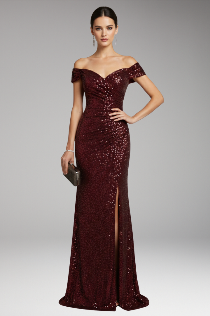 Sophia | Sophisticated Sequin Off-Shoulder Christmas Maxi Dress