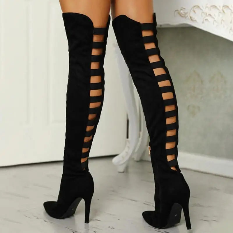 Sophie | Elegant Strappy Cut-Out Knee High Boots