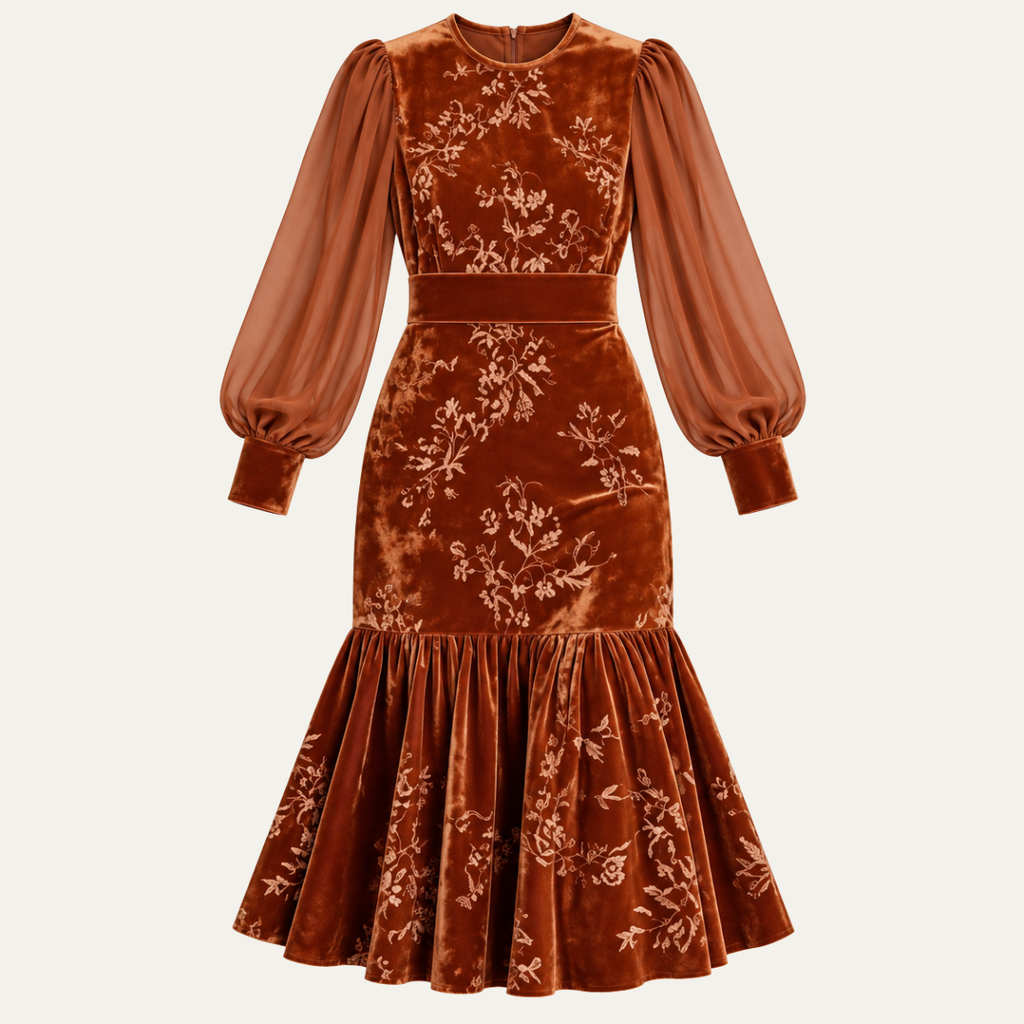 Sophie | Graceful Floral Velvet-Look Midi Christmas Dress