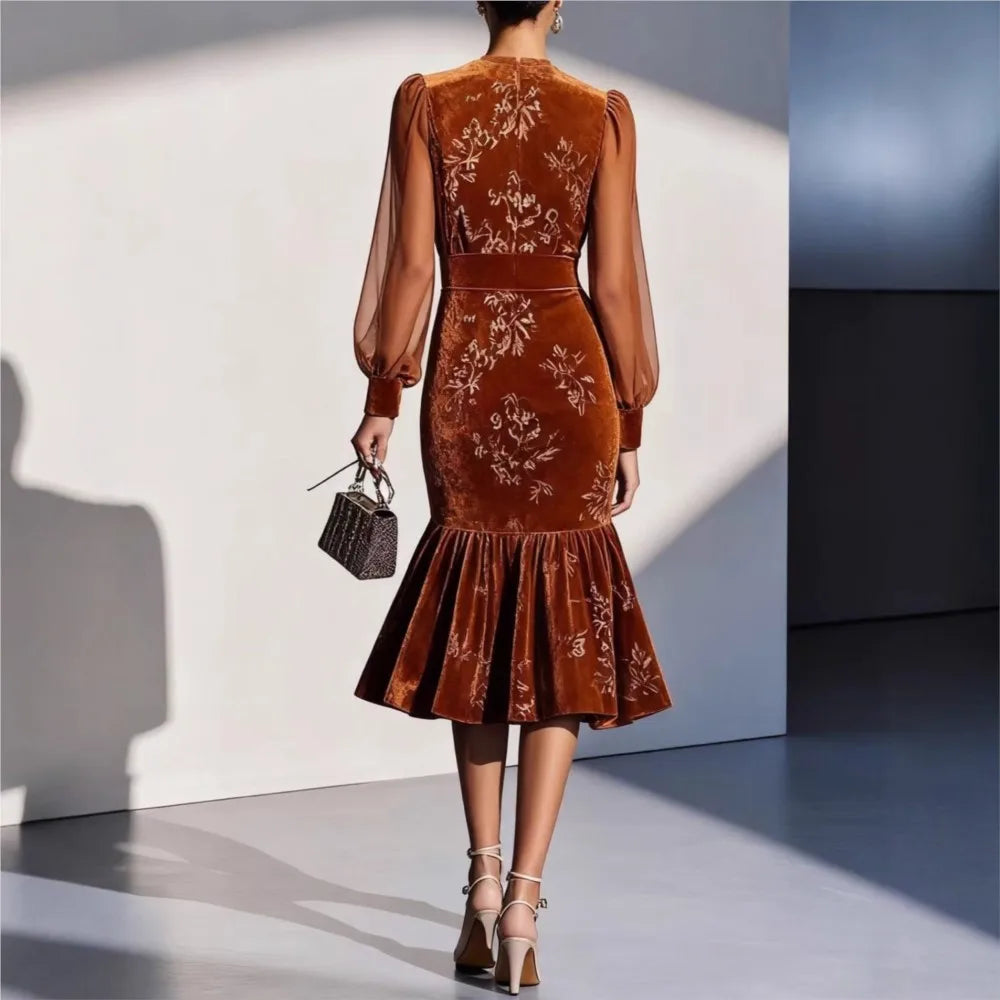 Sophie | Graceful Floral Velvet-Look Midi Christmas Dress