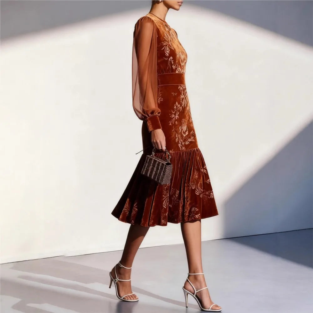 Sophie | Graceful Floral Velvet-Look Midi Christmas Dress