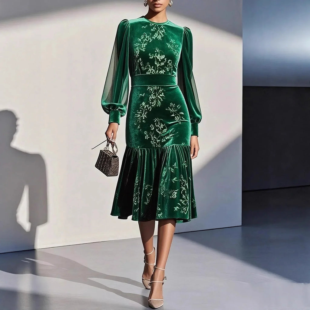 Sophie | Graceful Floral Velvet-Look Midi Christmas Dress