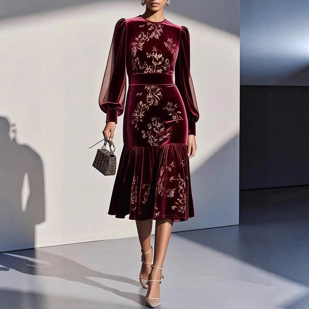 Sophie | Graceful Floral Velvet-Look Midi Christmas Dress