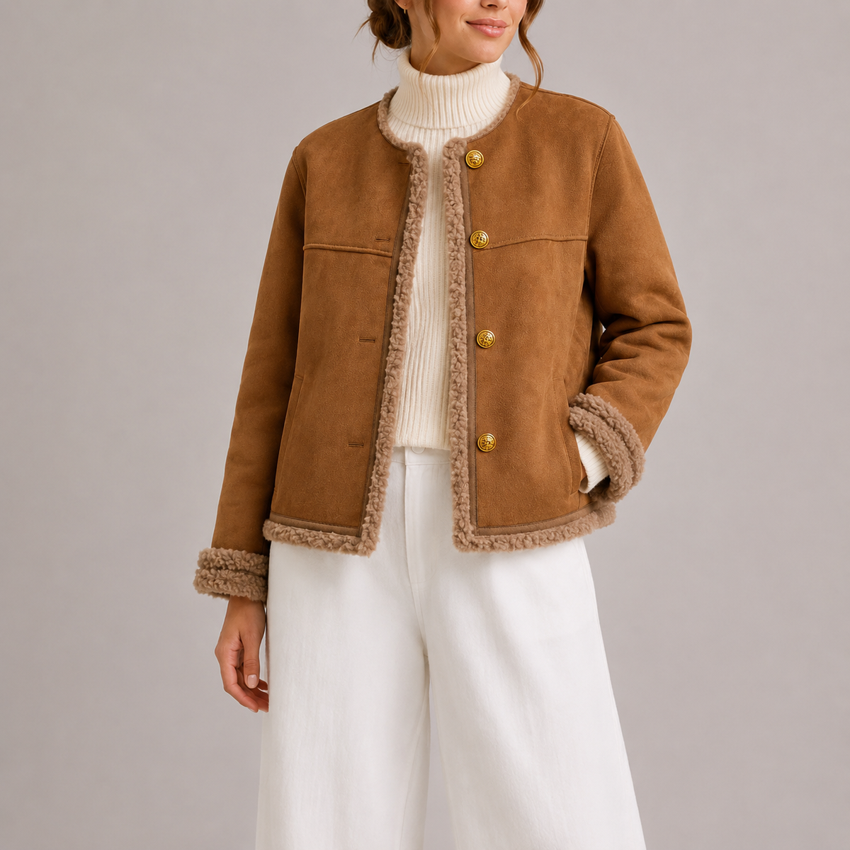 Thea | Effortless Cropped Shearling Coat with Button Detail