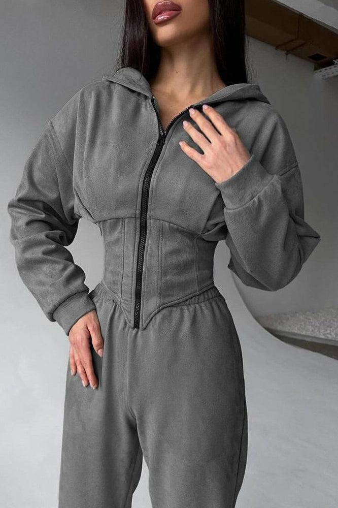 Thea | Elegant Zip-Front Hooded Tracksuit with Jogger Pants